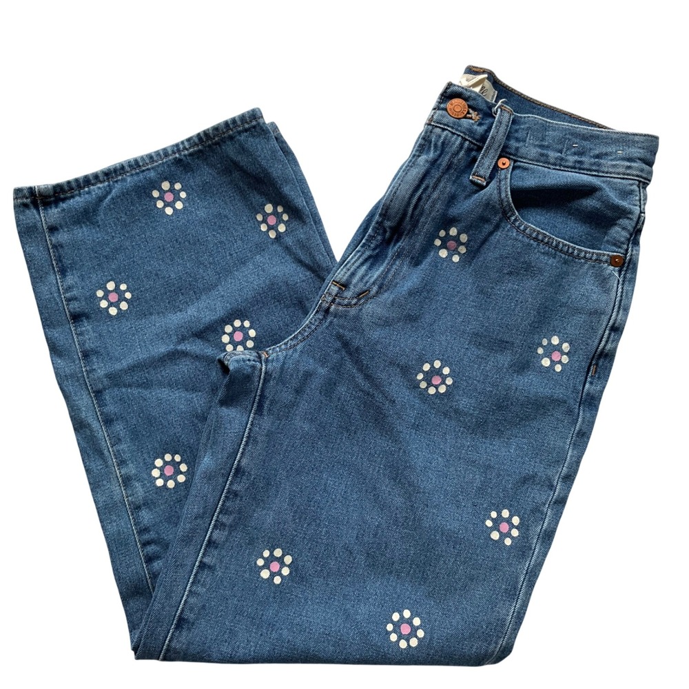 Madewell The Perfect Vintage Wide-Leg Crop Jean Daisy Floral Print Blue Denim 27